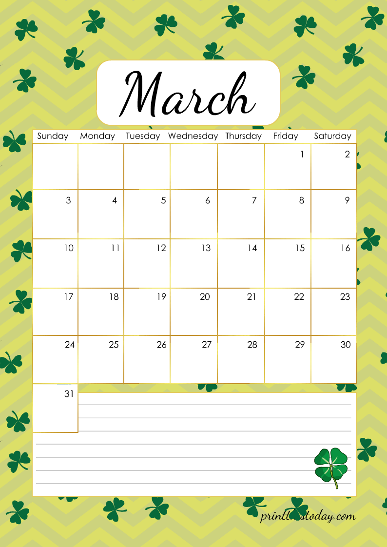 Cute Month of March 2024 Calendar Printable