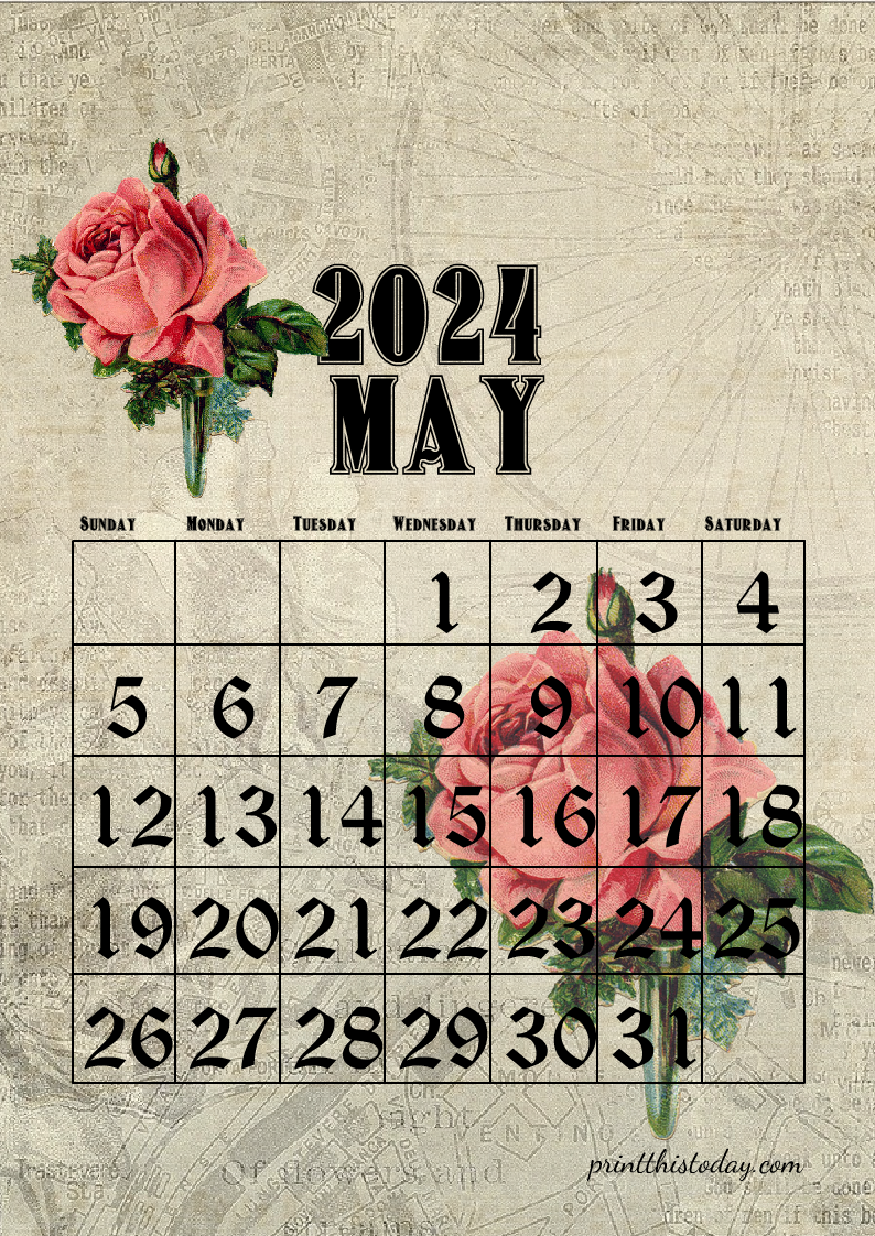 2024 May Vintage Floral Calendar Printable