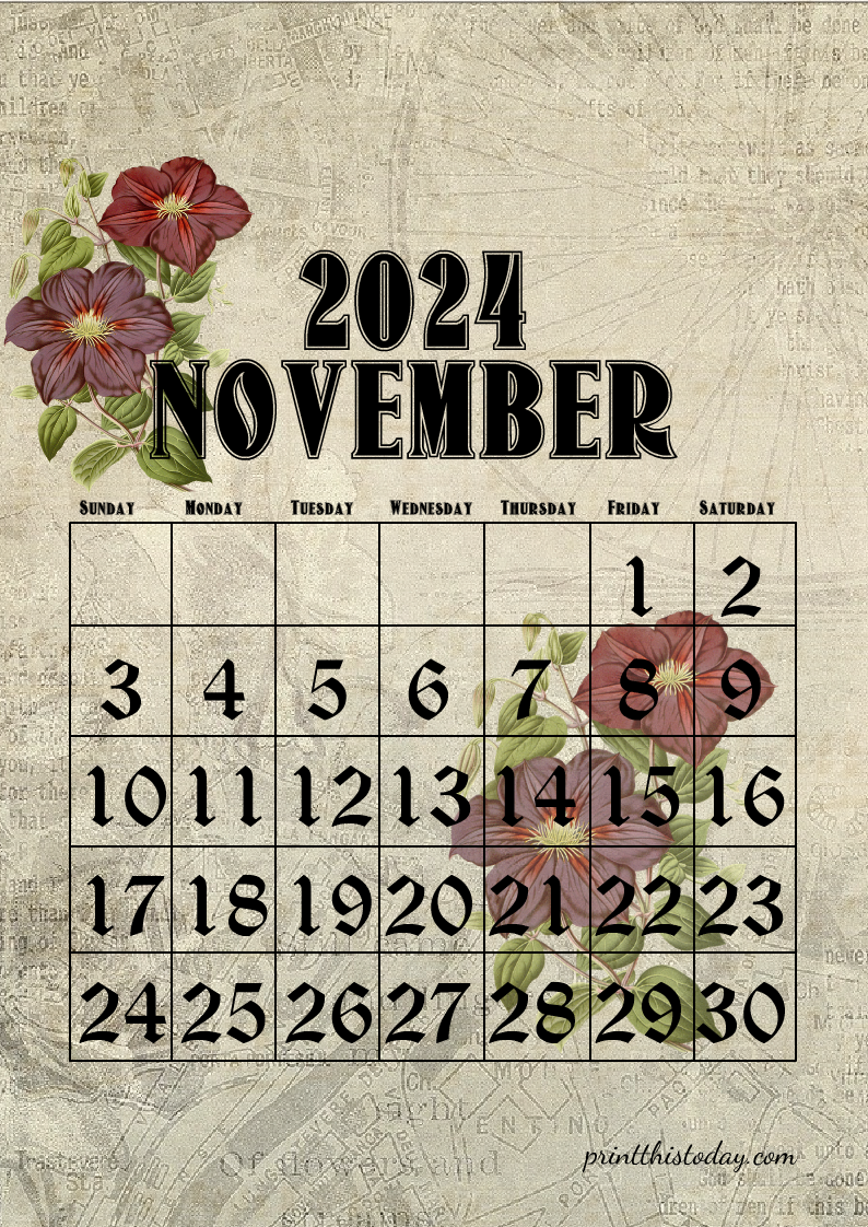 2024 November Vintage Calendar Free Printable