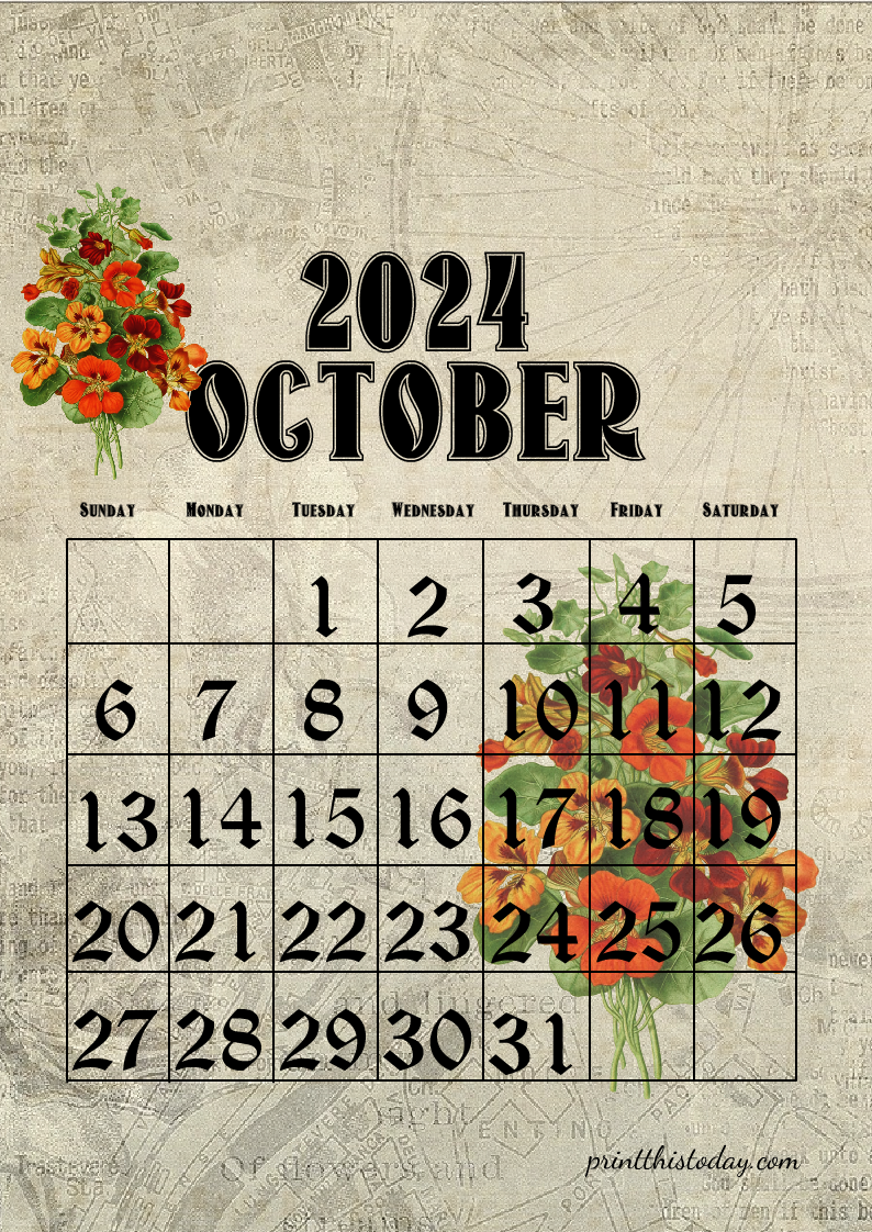 Free Printable October 2024 vintage floral calendar