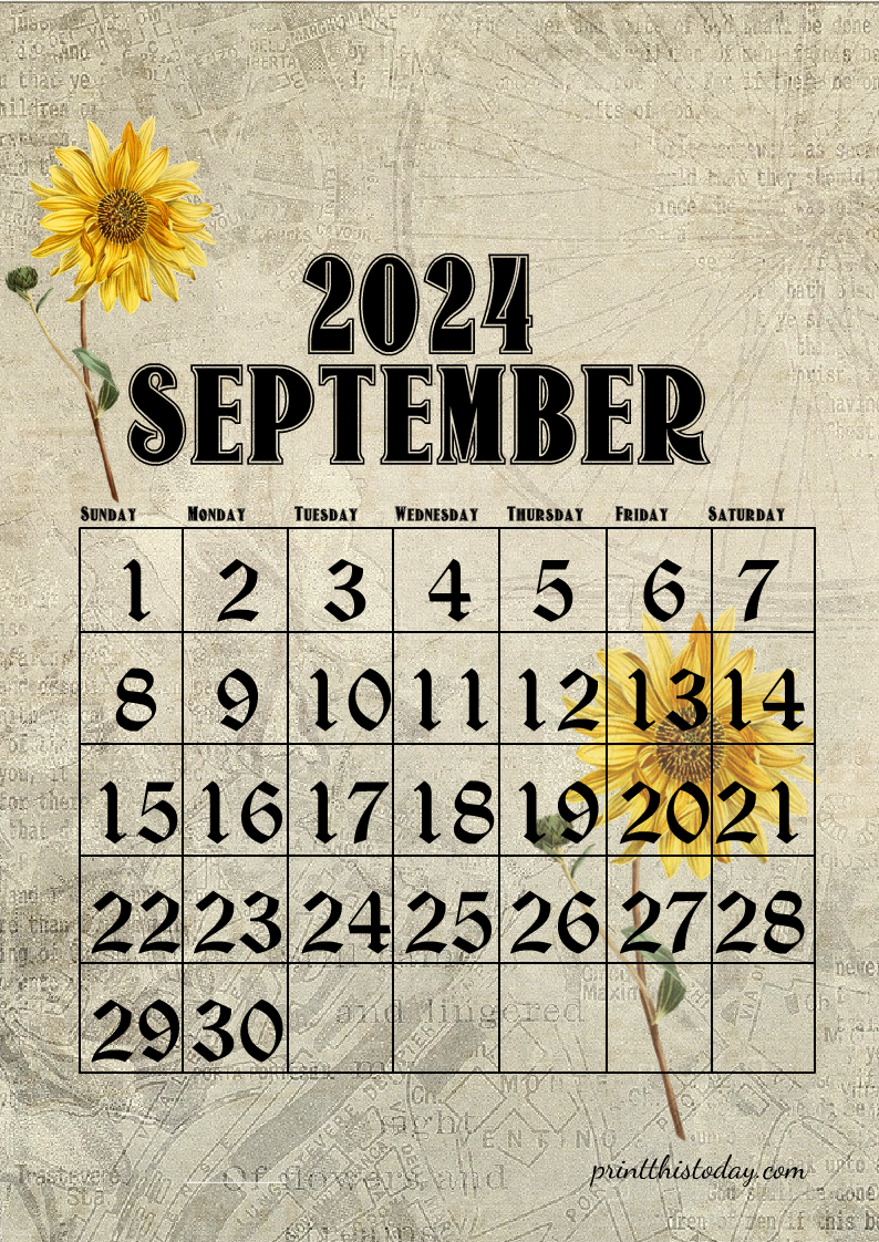 September 2024 monthly floral calendar page