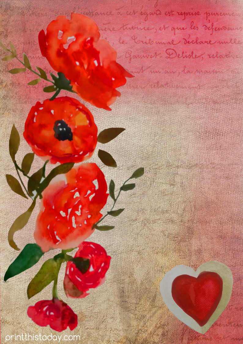 Watercolor flowers junk journal page for Valentine's Day