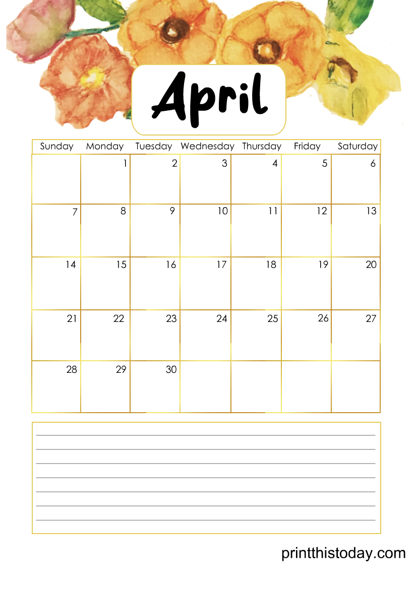 April 2024 Calendar Pages featuring Flowers