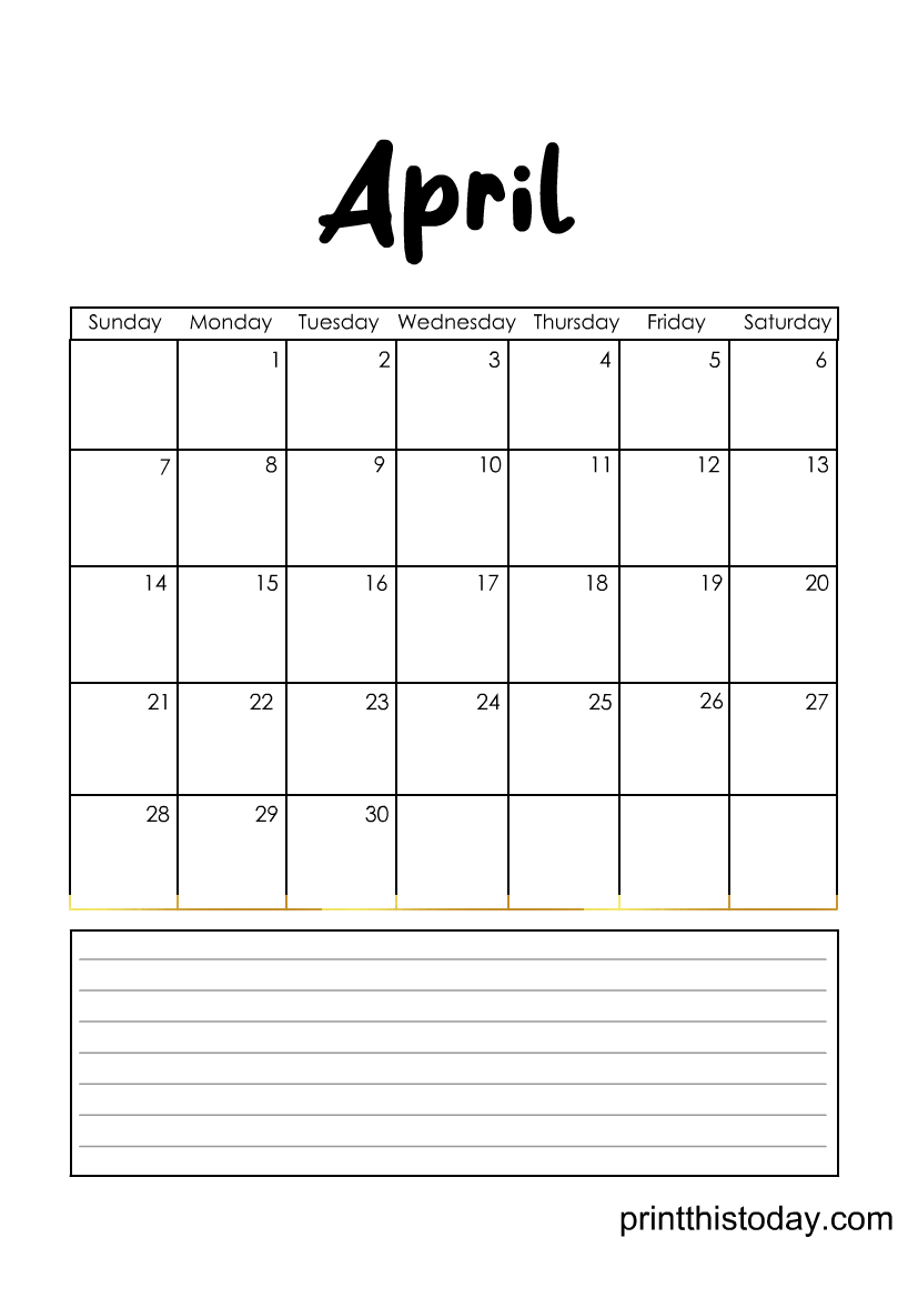 April 2024 Calendar Page Printable with Writing Space