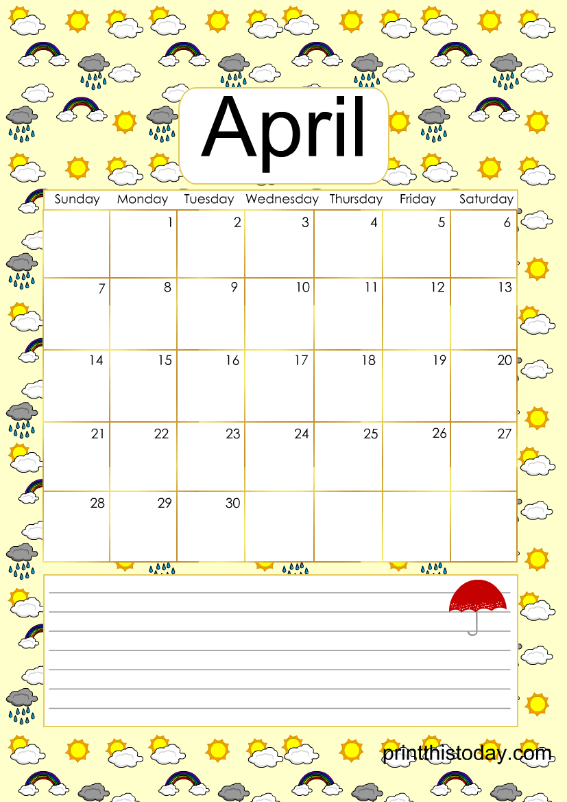 Cute April Showers Calendar Page for April 2024