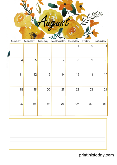 Free Printable August 2024 Monthly Calendar