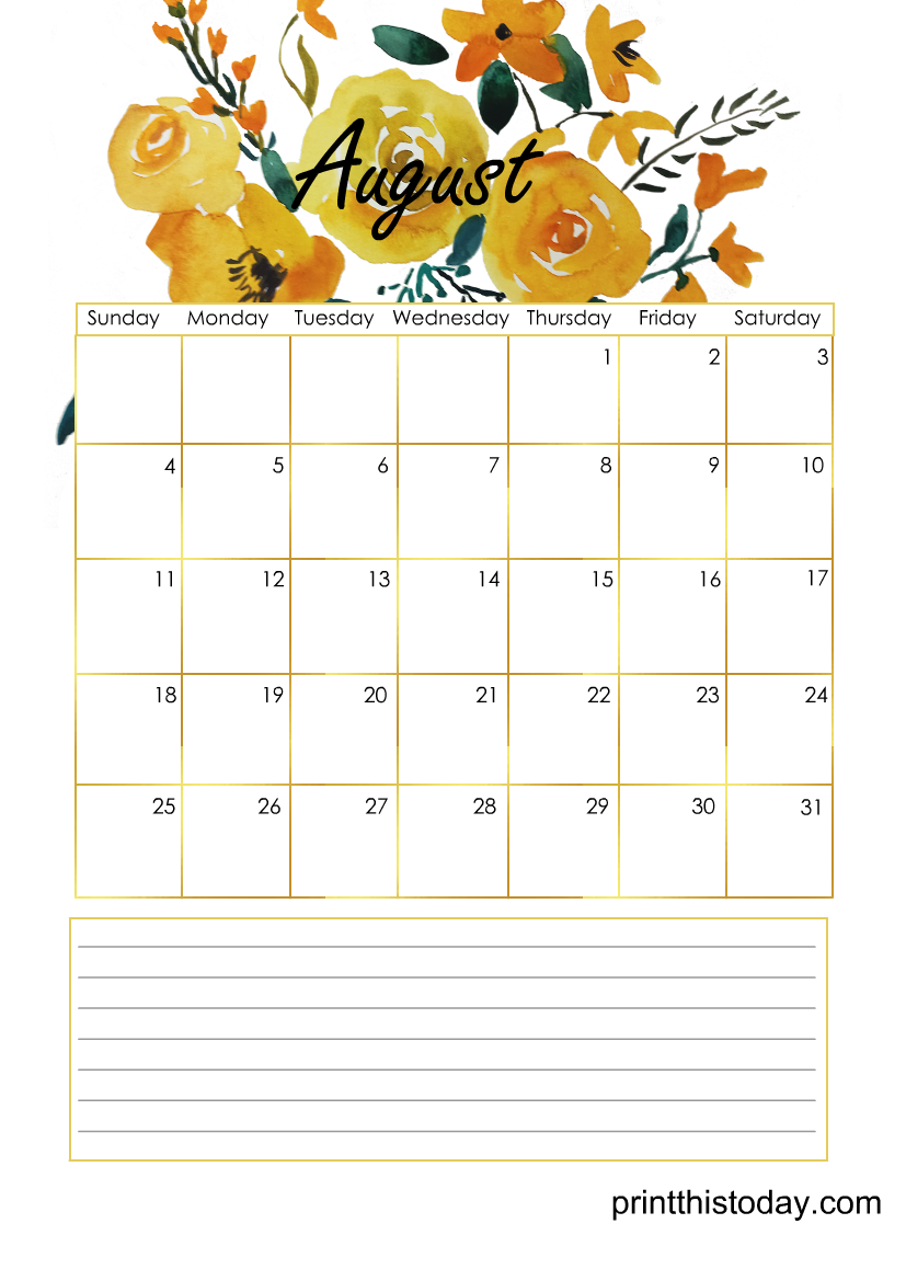 Free Printable August Calendar featuring Yellow Flowers