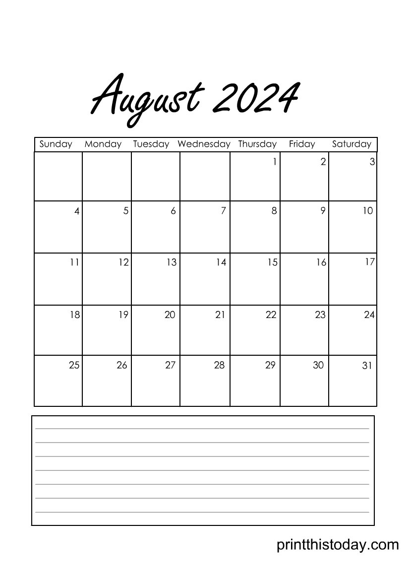 August Calendar Template with lined Writing Space