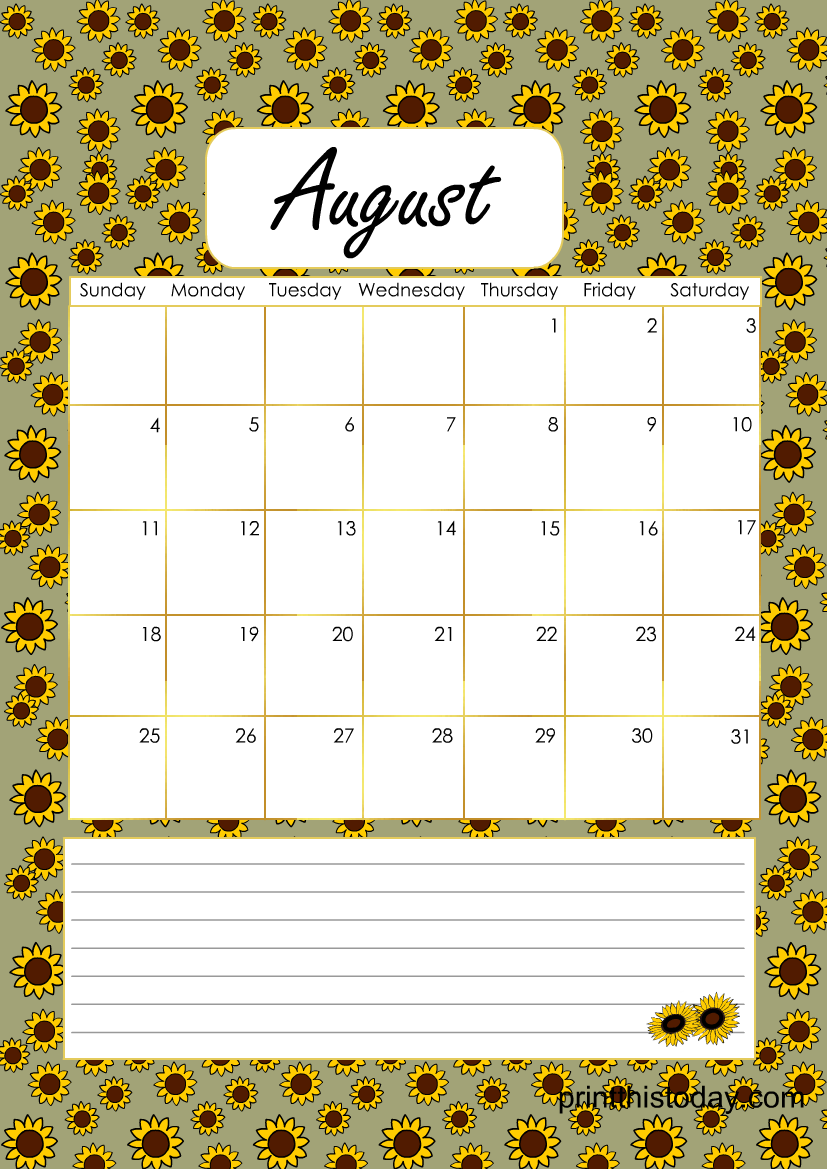 August Calendar Printable featuring Sunflowers