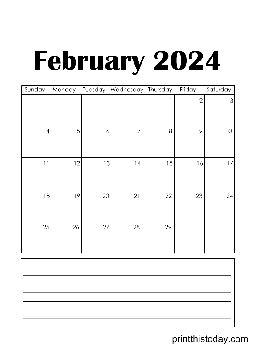 Printable February 2024 Calendar Page with Writing Space