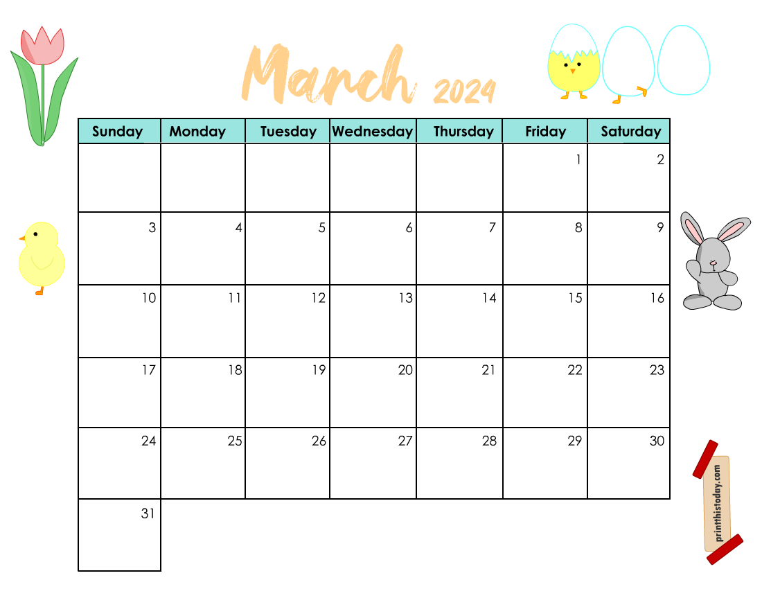March Printable Calendar featuring Easter