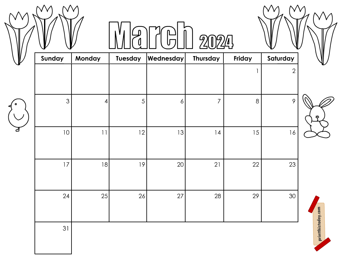 Free Printable March 2024 Calendar Pages to Color