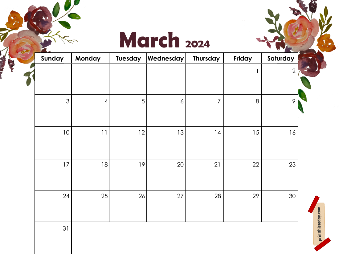 Printable March Calendar Page featuring Roses