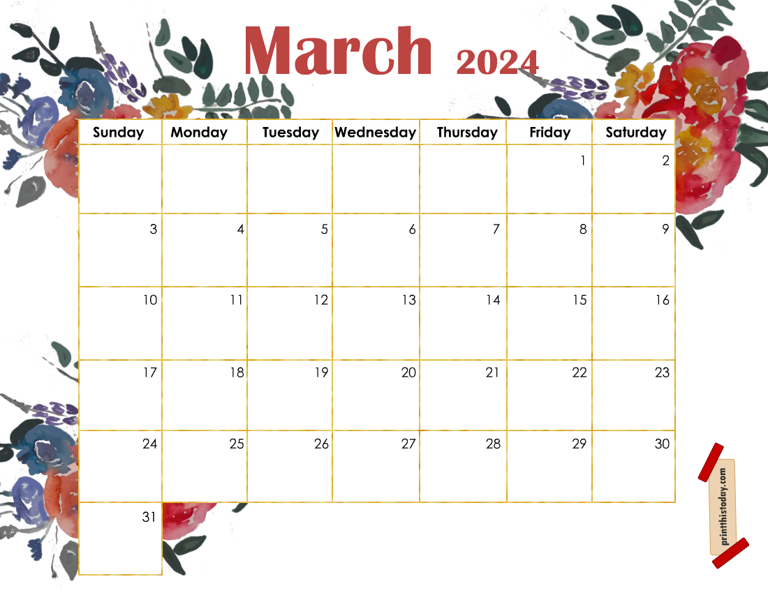 March Calendar Printable featuring Flowers