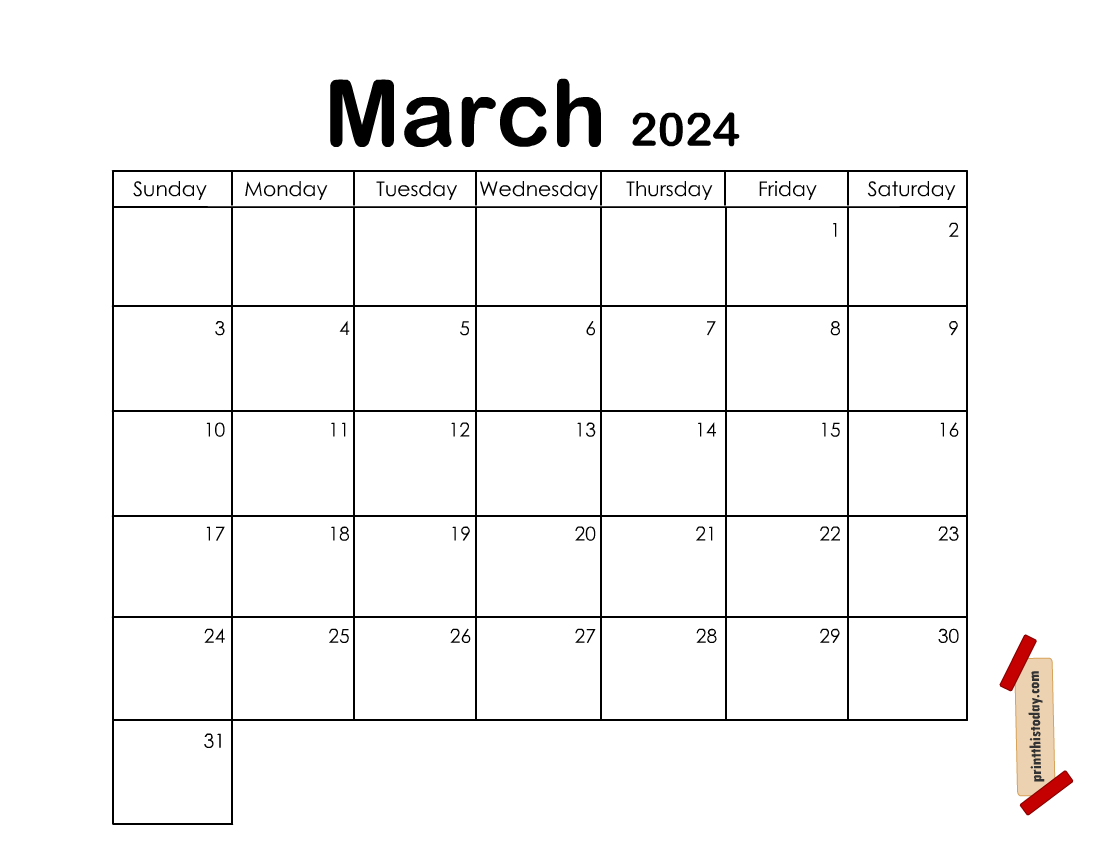 Free Printable March 2024 Monthly Calendar Page
