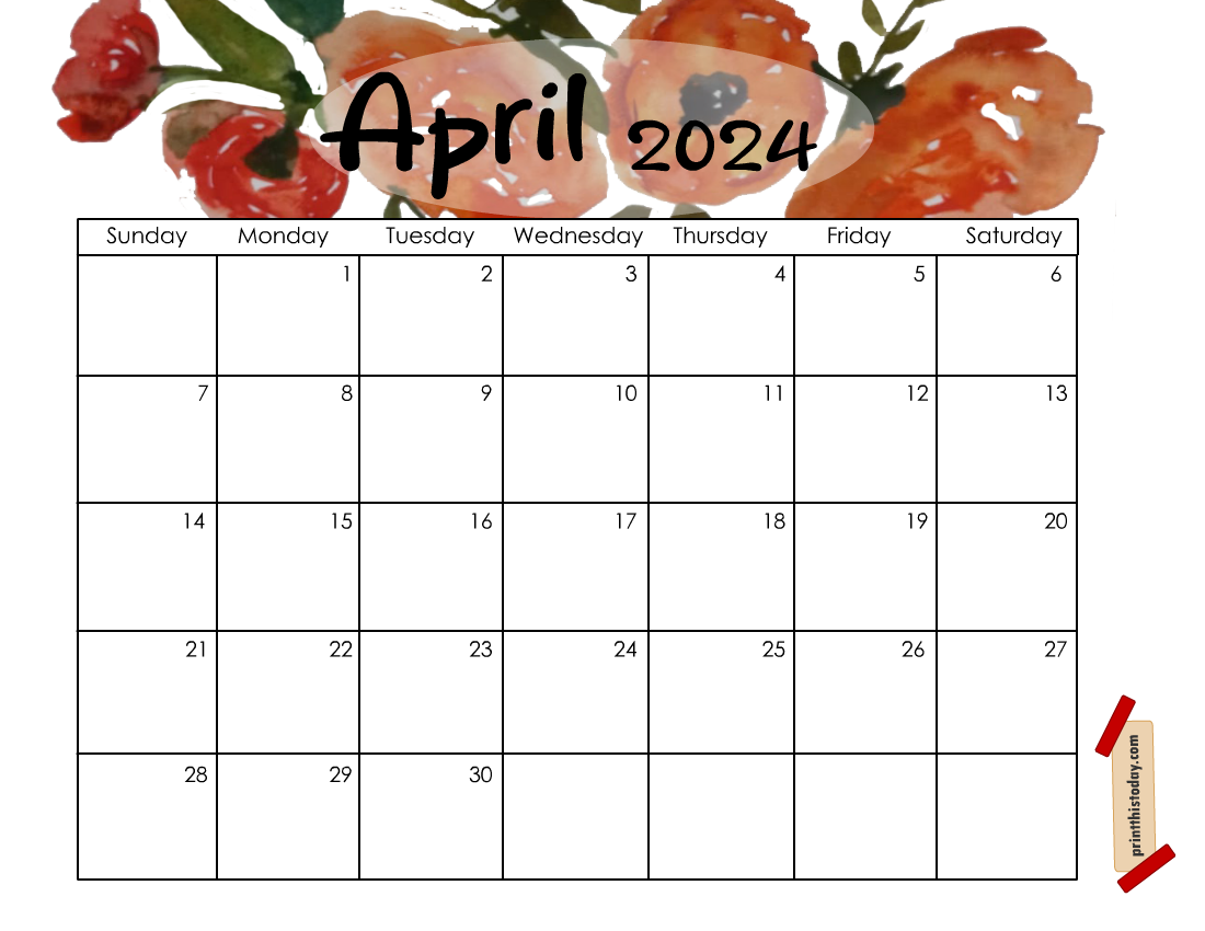 April 2024 Calendar Page featuring Flowers