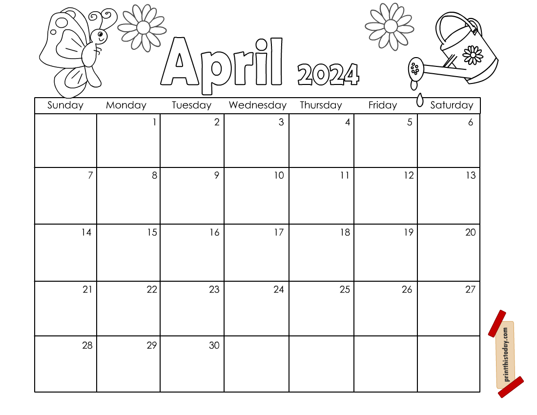 Free Printable April Calendar Page to Color