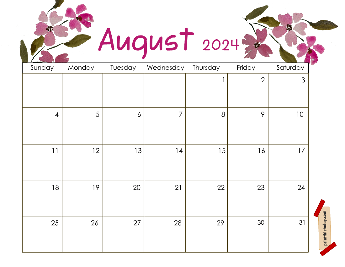 August Calendar with Pink Flowers