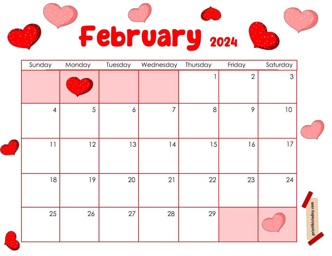 Cute Free Printable February Monthly Calendar (Valentine's Day)