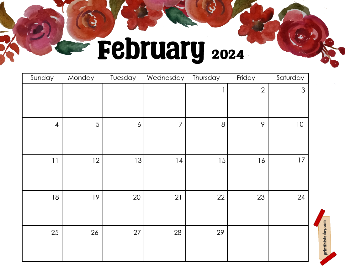 Free Printable February 2024 Monthly Calendar (Red Flowers)
