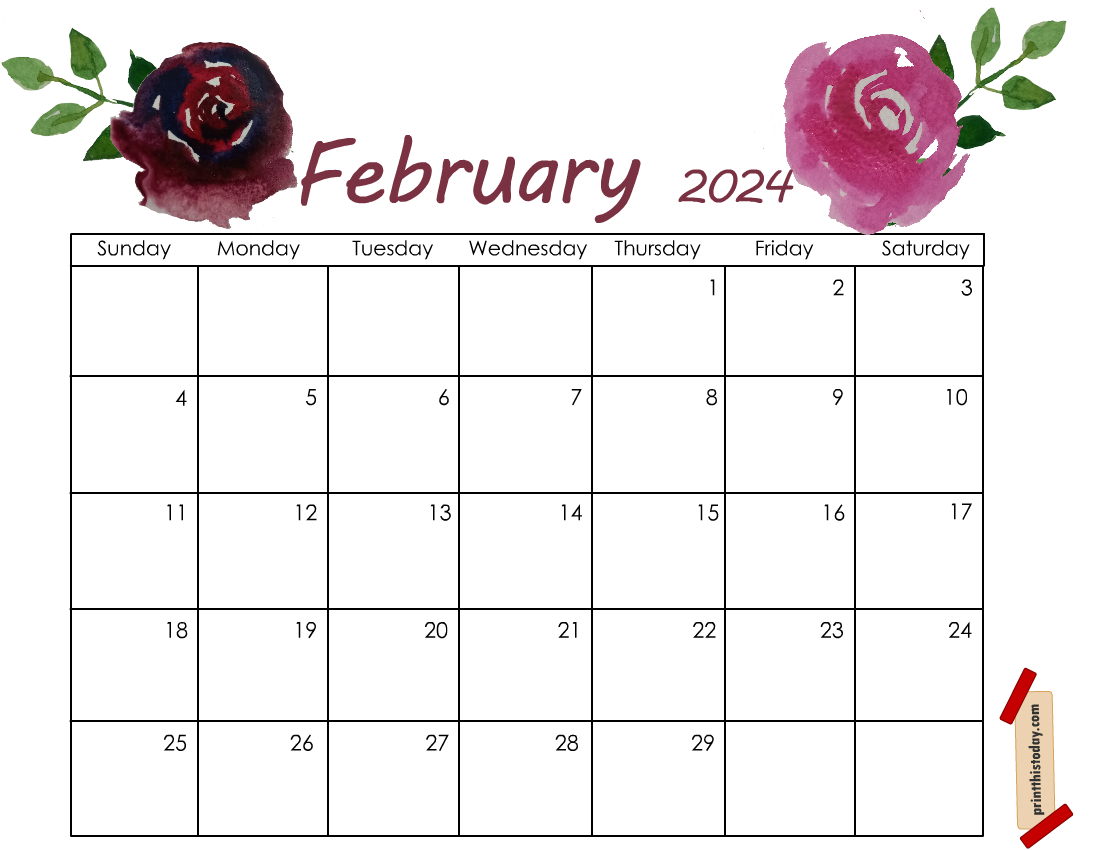 February Calendar Page Printable featuring Roses