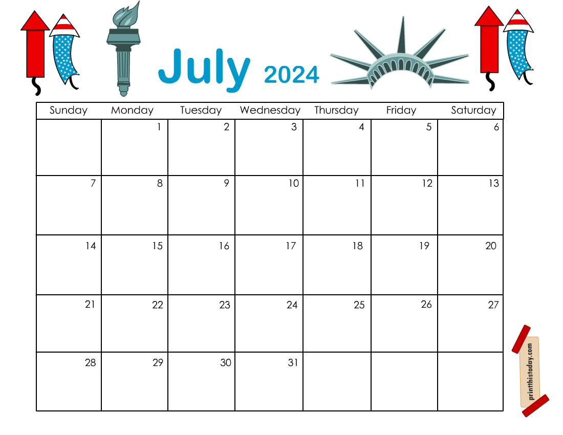 Free Printable July 2024 Calendar featuring Independence Day