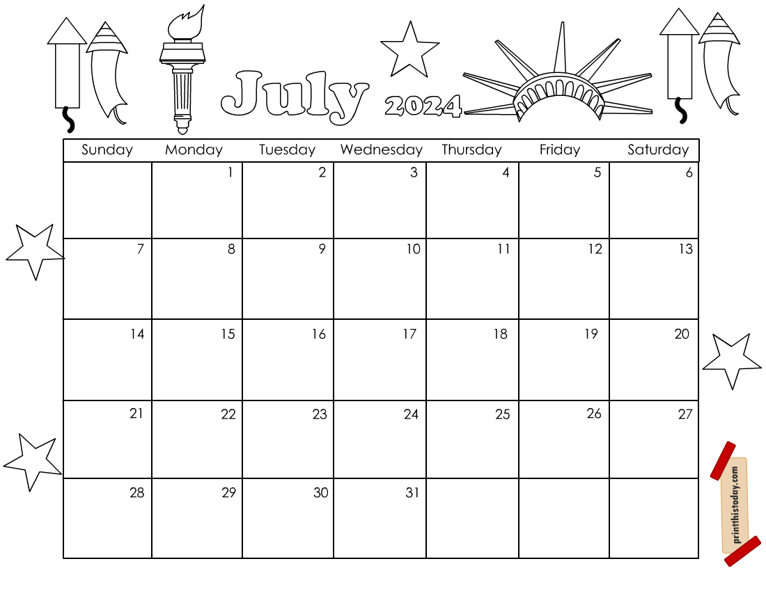 July 2024 Printable Calendar Page to Color