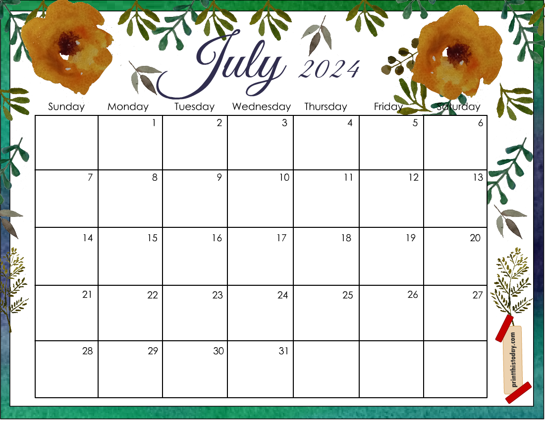 Free Printable July Floral Calendar Page 1