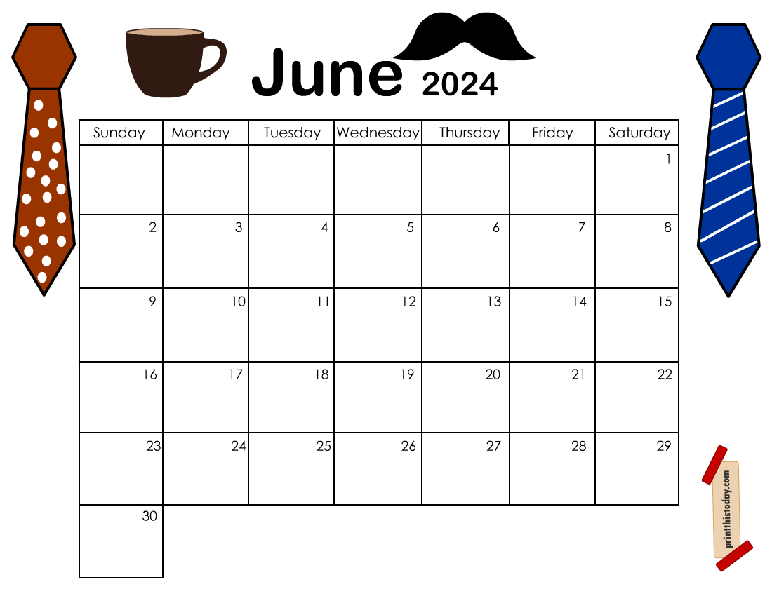 June Calendar Printable featuring Father's Day