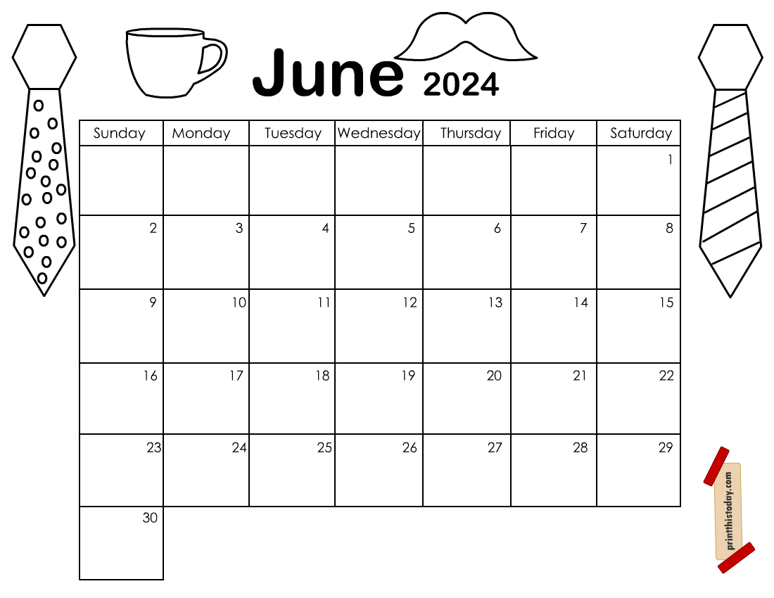 June 2024 Calendar Page to Color