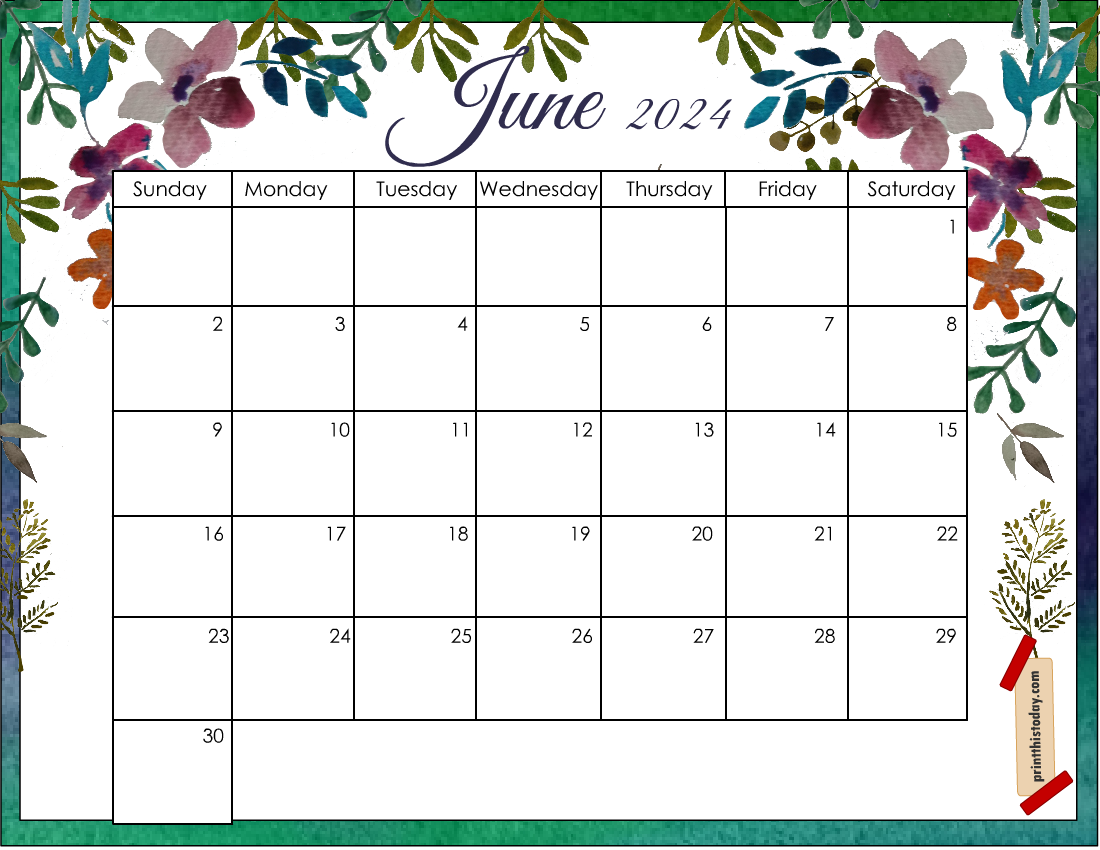 Free Printable June 2024 Floral Calendar Page