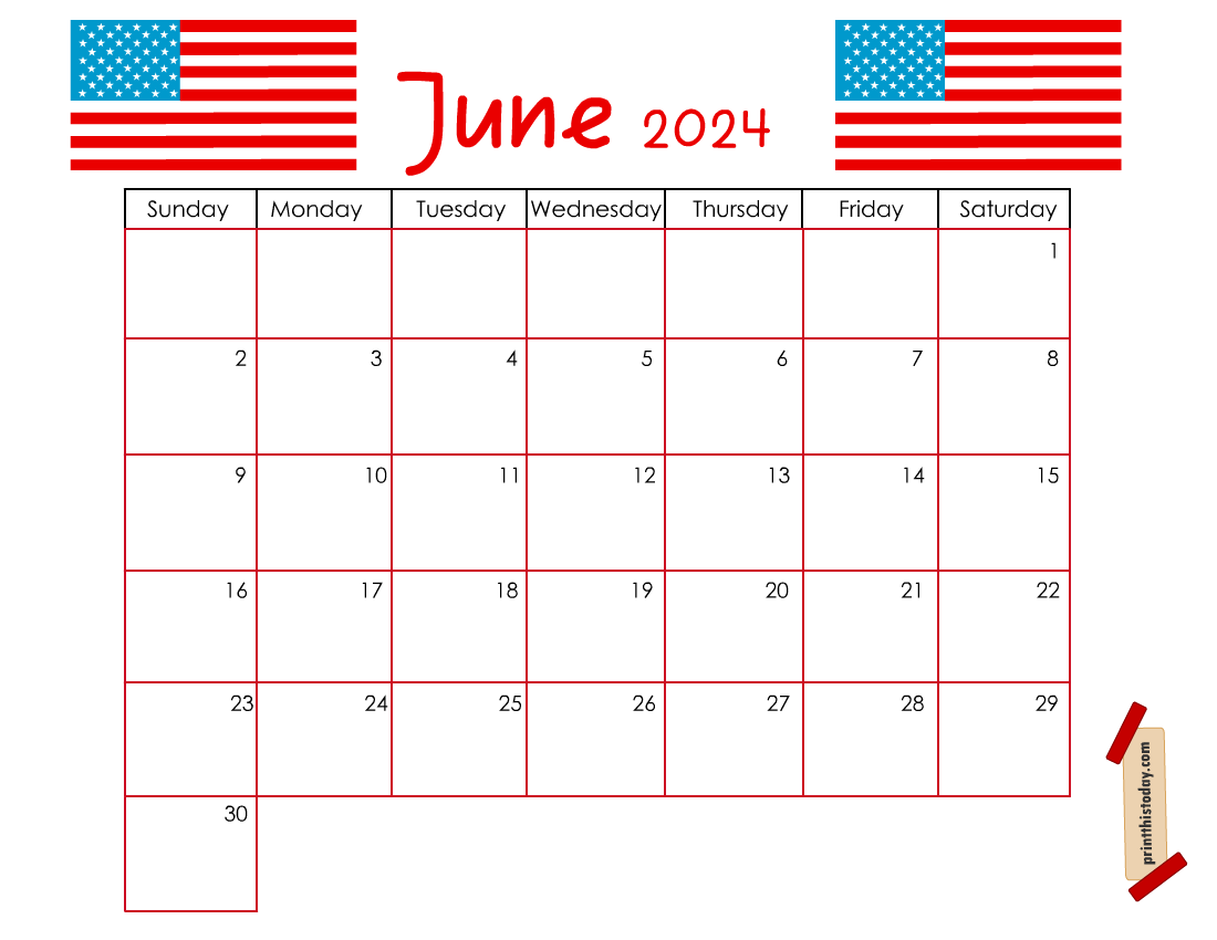 Free Printable June 2024 Calendar Page featuring Flag Day