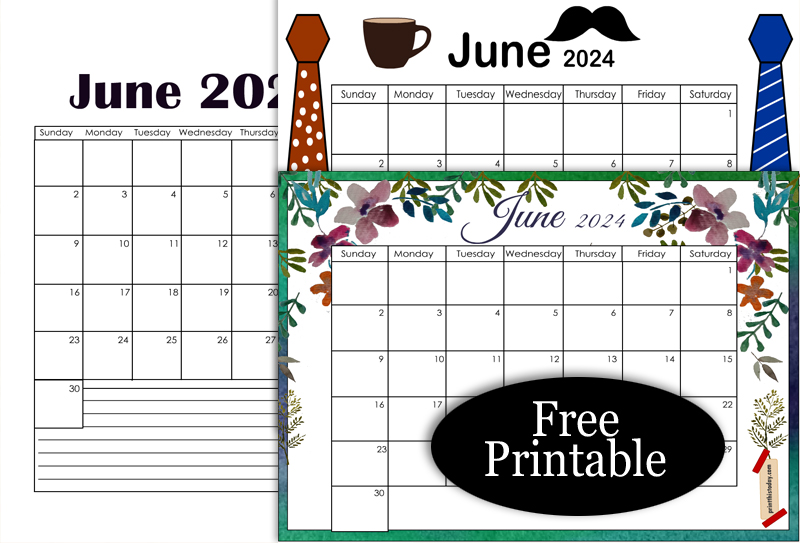 Cute Free Printable June 2024 Calendar Pages