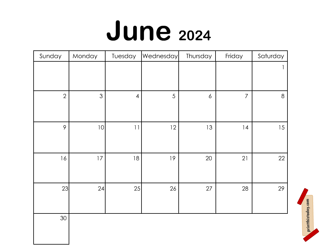 Free Printable June 2024 Blank Calendar Template