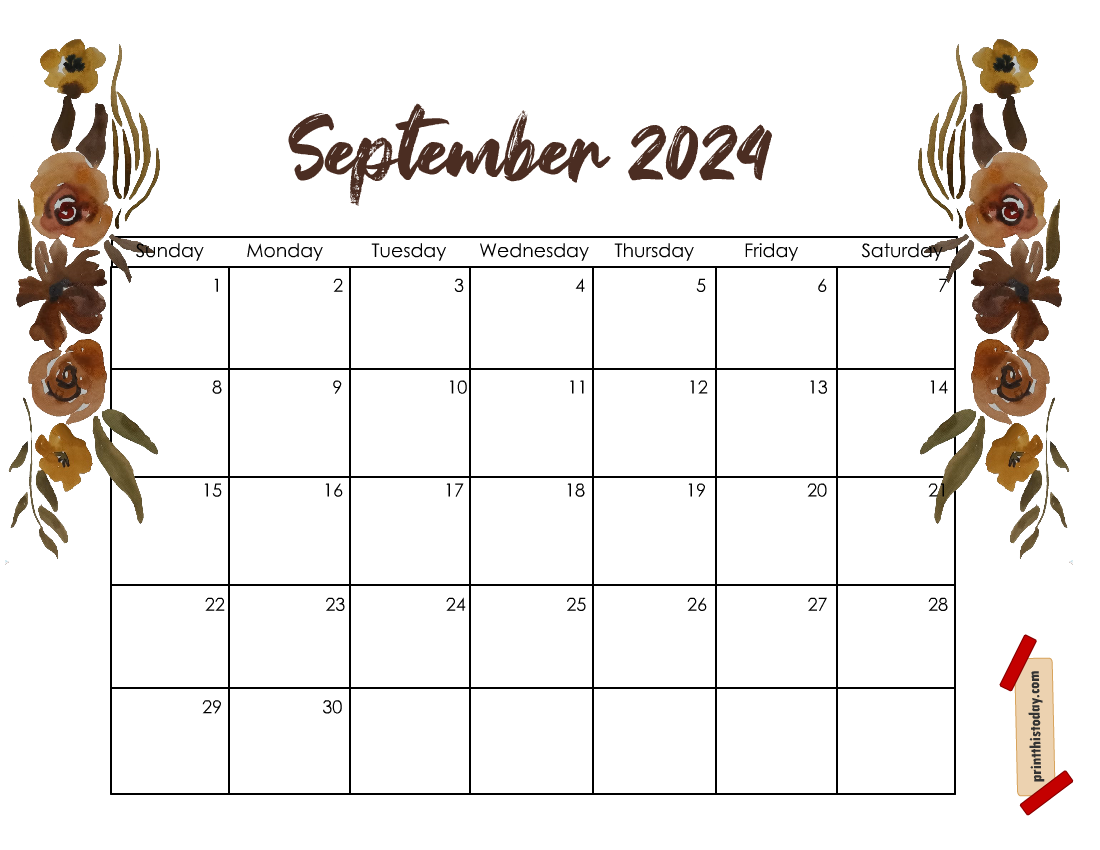 Free Printable September 2024 Floral Calendar Page 1