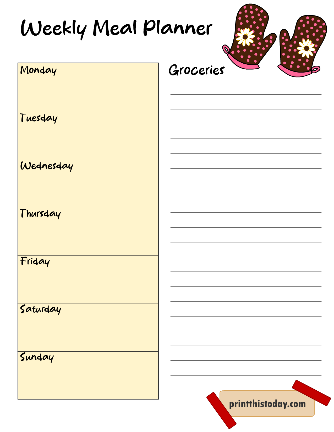 Meal Planner Template featuring Oven Mitts