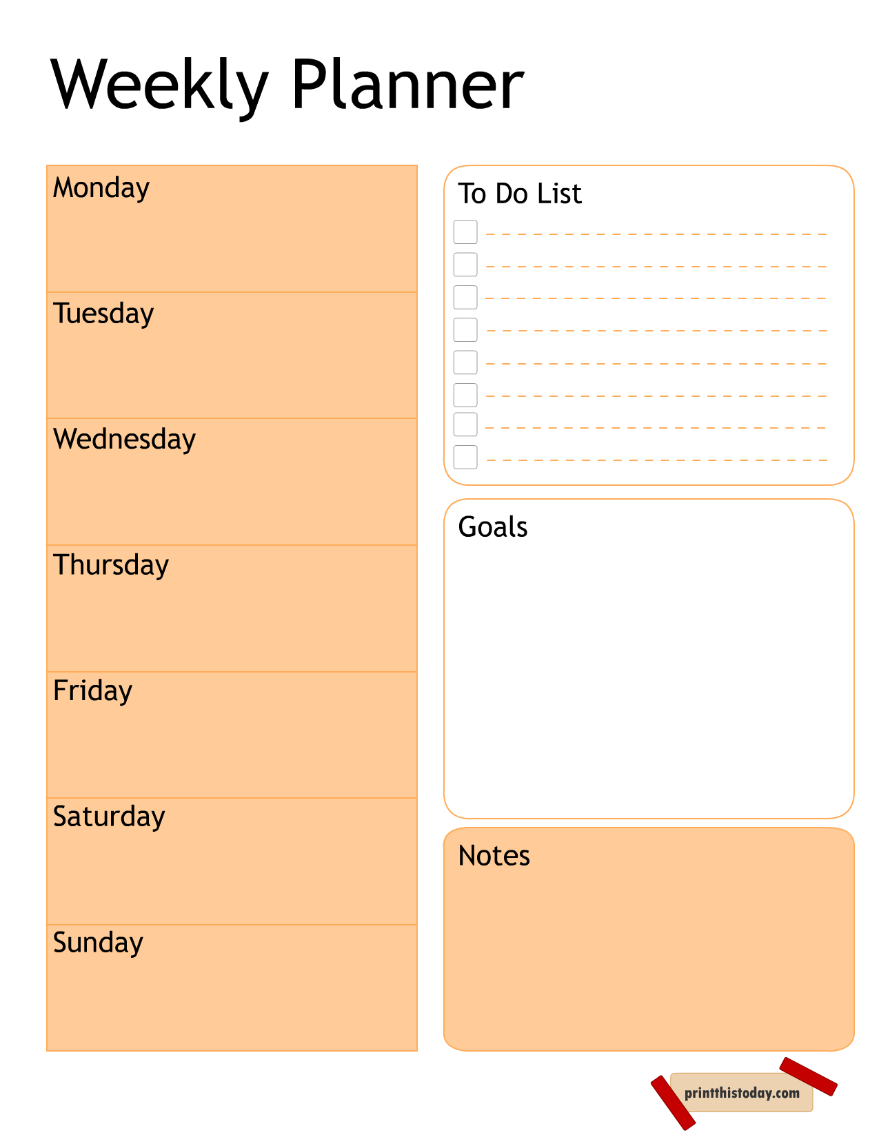 Printable Weekly Planner Page in Peach and White Colors