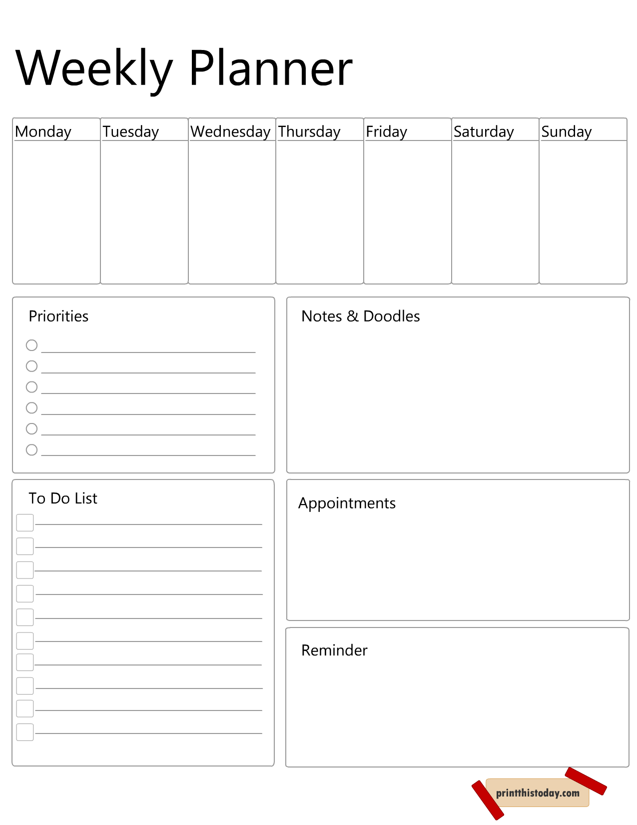 Free Printable Black and White Weekly Planner Page