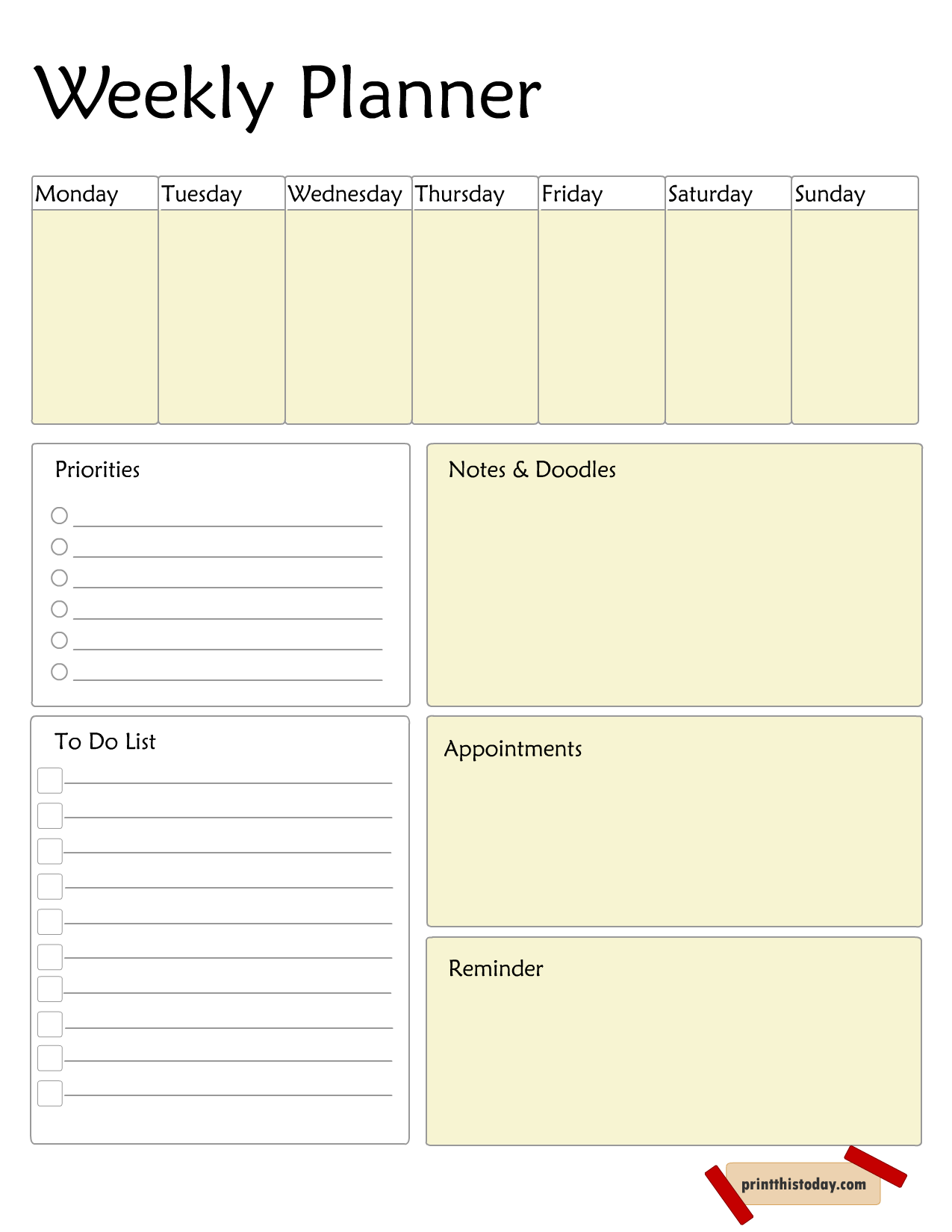 Free Printable Weekley Planner in Yellow and White Colors
