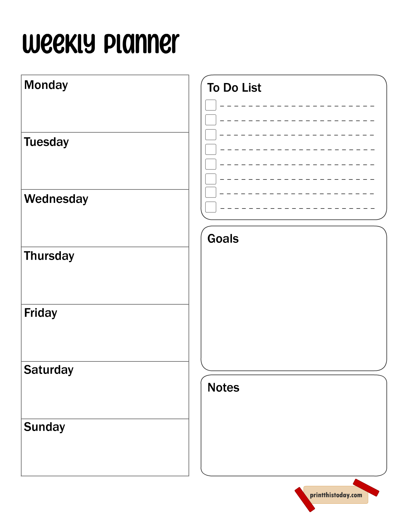 Free Printable Weekley Planner Template (Black and White)