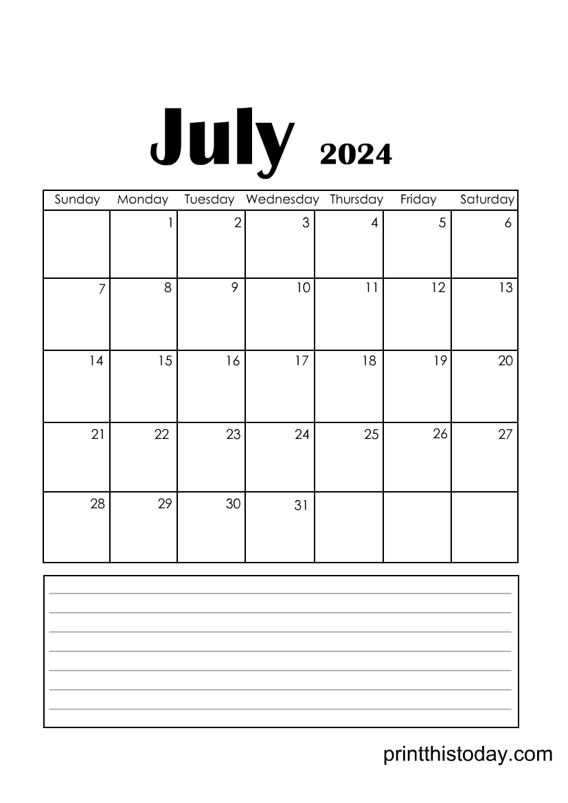 Free Printable Black and White Calendar Page for July