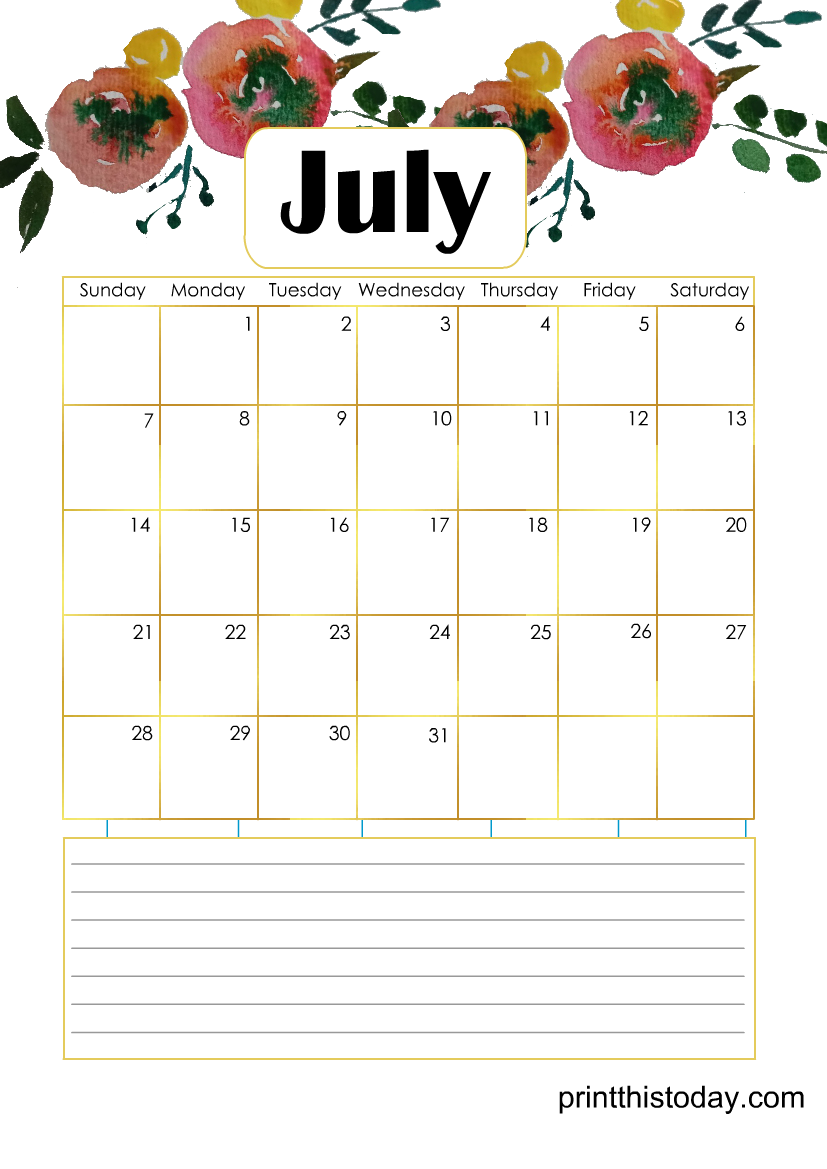 Free Printable July Floral Calendar Page 2