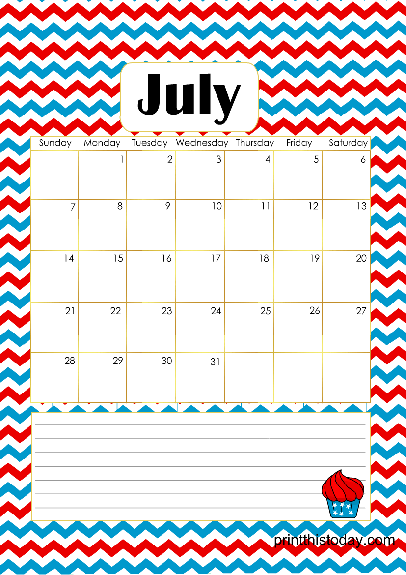 July Calendar page with Blue and Red Chevron Pattern