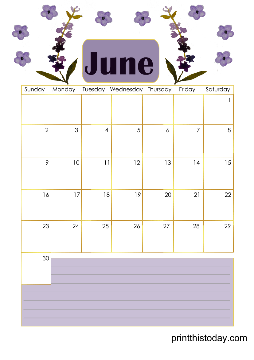 Free Printable June 2024 Calendar Page featuring Lavender Flowers