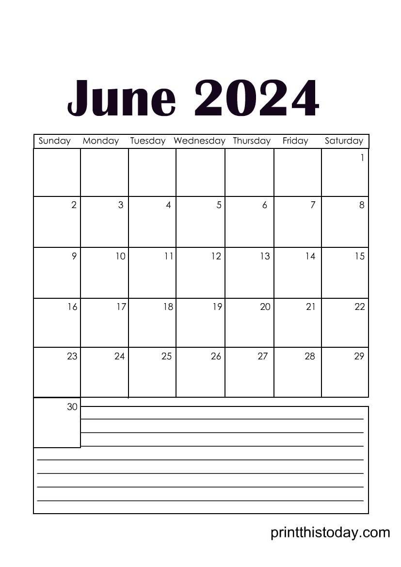 Free Printable June Calendar Template with Lined Space