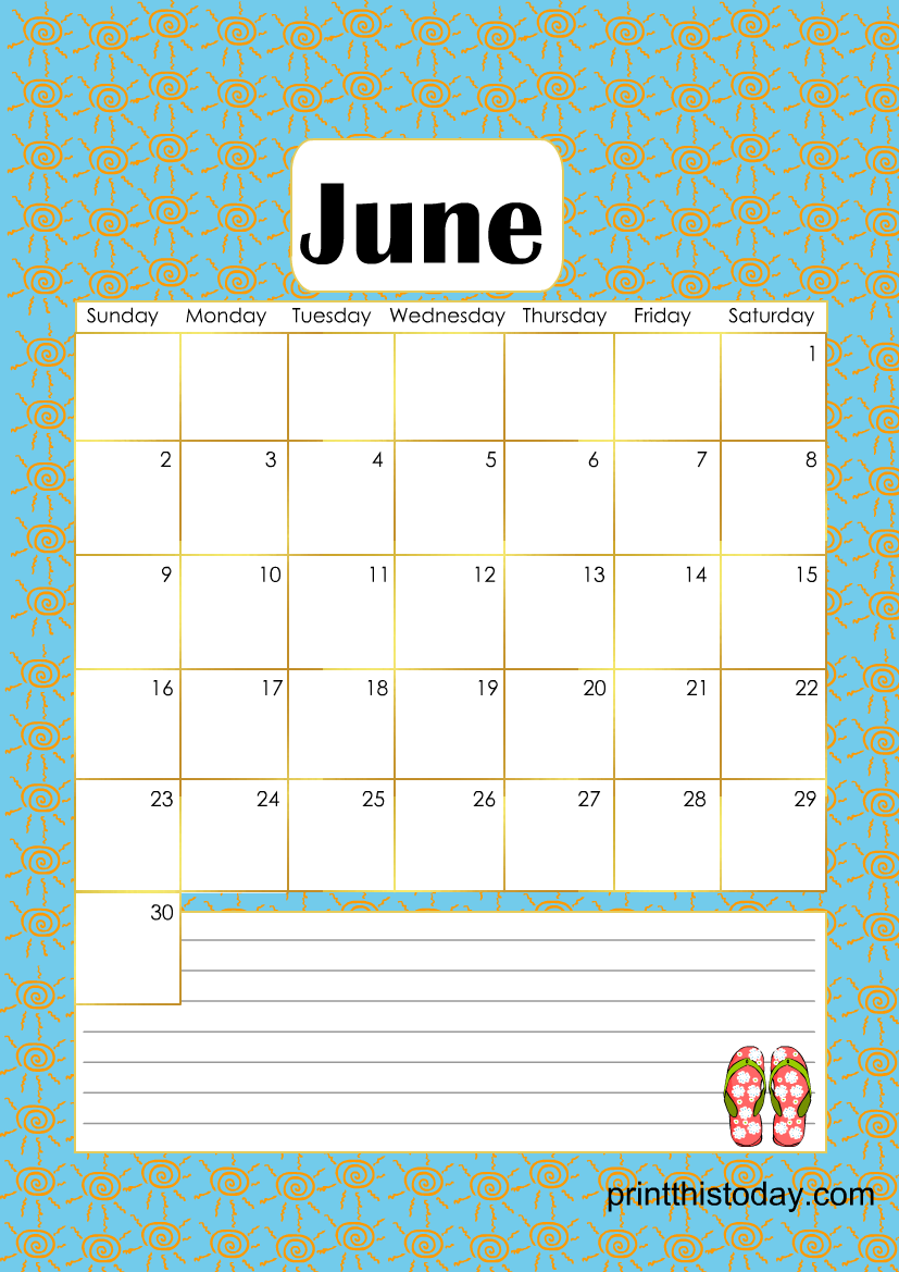 Free Printable June Calendar Page featuring Summer