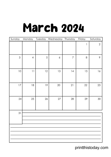 Free Printable March 2024 Monthly Calendar Pages