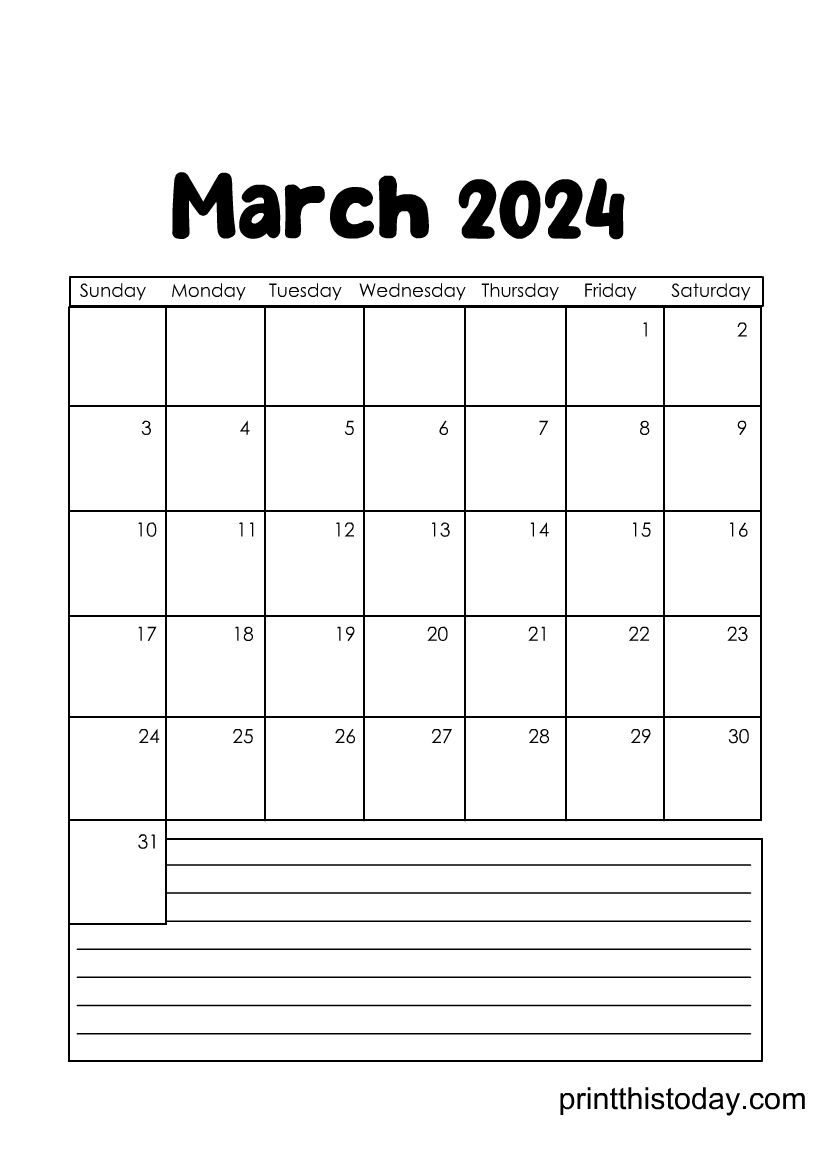 Printable March 2024 Monthly Calendar Template with Writing Space