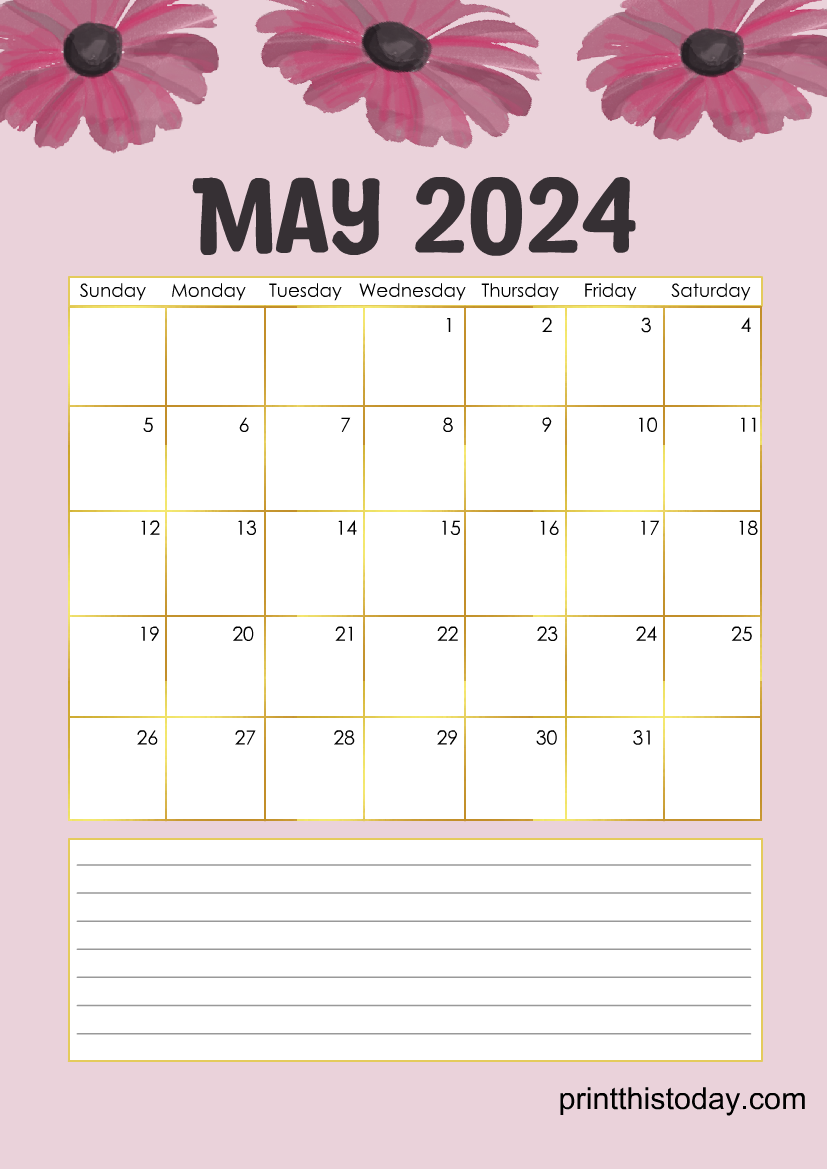 Free Printable May Calendar featuring Mother's Day Flowers