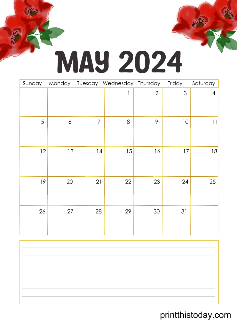 Free Printable May 2024 Calendar Page featuring Memorial Day